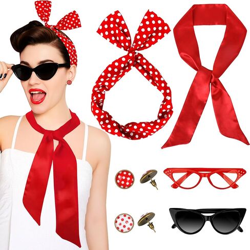 QZYL 6 Pack 1950's Womens Costume Accessories Set Retro Polka Dot Chiffon Scarf Headband Cat Eye Glasses Earrings Party in Saudi Arabia