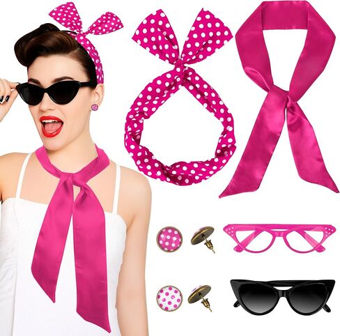 QZYL 6 Pack 1950's Womens Costume Accessories Set Retro Polka Dot Chiffon Scarf Headband Cat Eye Glasses Earrings Party in Saudi Arabia