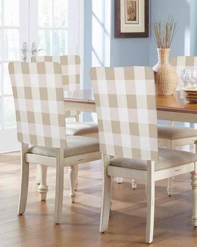 Beige Plaid Chair Covers Set of 6 for Dining Room, Farmhouse White Checkered Buffalo Chair Back Cover, Spring Summer Removable Kitchen Chair Slipcovers Seat Protector for Party Banquet in Saudi Arabia