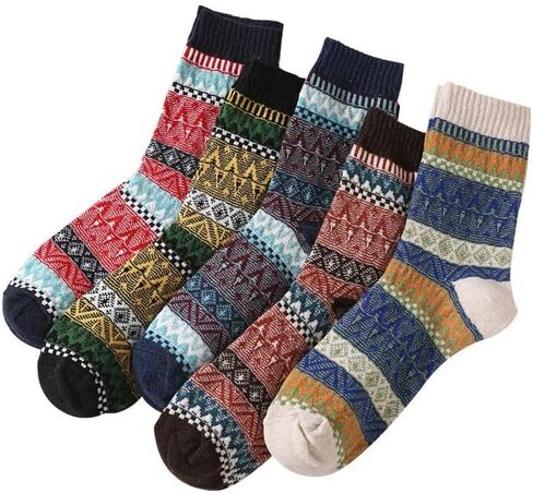 5 Pairs Thick Socks for Men - Winter Warm Thermal Hiking Socks, Nordic Vintage Crew Socks for Men, Breathable & Cozy in Kuwait