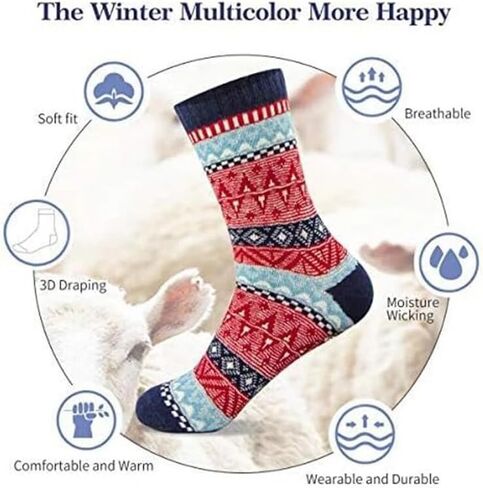 5 Pairs Thick Socks for Men - Winter Warm Thermal Hiking Socks, Nordic Vintage Crew Socks for Men, Breathable & Cozy in Kuwait