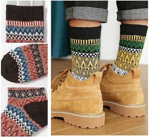 5 Pairs Thick Socks for Men - Winter Warm Thermal Hiking Socks, Nordic Vintage Crew Socks for Men, Breathable & Cozy in Kuwait