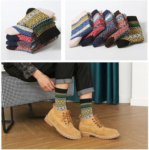 5 Pairs Thick Socks for Men - Winter Warm Thermal Hiking Socks, Nordic Vintage Crew Socks for Men, Breathable & Cozy in Kuwait