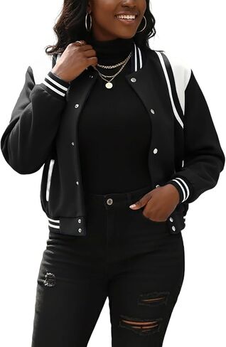 سترة Fooullaide النسائية Bomber Varsity Jacket بأكمام طويلة وأزرار سفلية للبيسبول معطف موحد للمدرسة ملابس الشارع in Kuwait