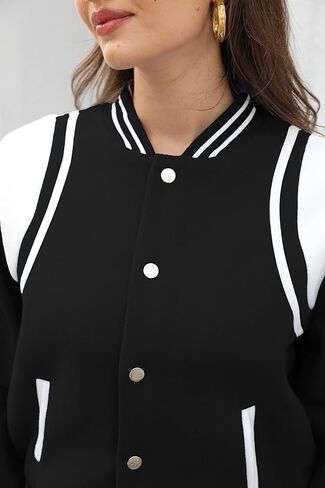 سترة Fooullaide النسائية Bomber Varsity Jacket بأكمام طويلة وأزرار سفلية للبيسبول معطف موحد للمدرسة ملابس الشارع in Kuwait