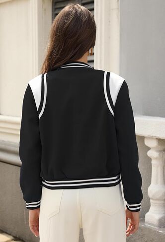 سترة Fooullaide النسائية Bomber Varsity Jacket بأكمام طويلة وأزرار سفلية للبيسبول معطف موحد للمدرسة ملابس الشارع in Kuwait