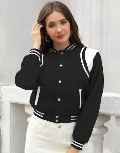 سترة Fooullaide النسائية Bomber Varsity Jacket بأكمام طويلة وأزرار سفلية للبيسبول معطف موحد للمدرسة ملابس الشارع in Kuwait