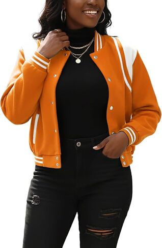 سترة Fooullaide النسائية Bomber Varsity Jacket بأكمام طويلة وأزرار سفلية للبيسبول معطف موحد للمدرسة ملابس الشارع in Kuwait