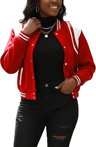 سترة Fooullaide النسائية Bomber Varsity Jacket بأكمام طويلة وأزرار سفلية للبيسبول معطف موحد للمدرسة ملابس الشارع in Kuwait