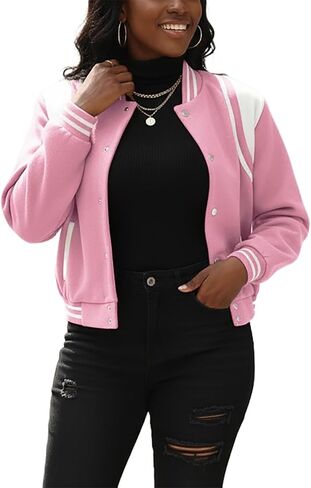 سترة Fooullaide النسائية Bomber Varsity Jacket بأكمام طويلة وأزرار سفلية للبيسبول معطف موحد للمدرسة ملابس الشارع in Kuwait