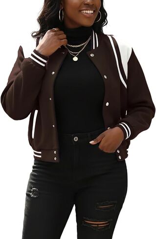 سترة Fooullaide النسائية Bomber Varsity Jacket بأكمام طويلة وأزرار سفلية للبيسبول معطف موحد للمدرسة ملابس الشارع in Kuwait