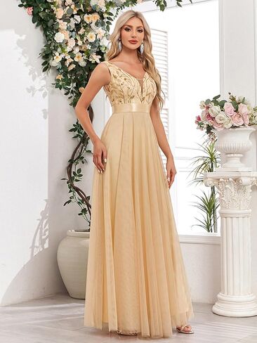 Women's Formal Dresses Long Evening Gowns Tulle V Neck Sleeveless Sparkly Sequin Cocktail Party Wedding Guest Dress in Saudi Arabia