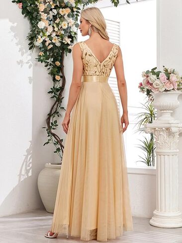 Women's Formal Dresses Long Evening Gowns Tulle V Neck Sleeveless Sparkly Sequin Cocktail Party Wedding Guest Dress in Saudi Arabia