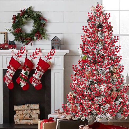 5Pcs Christmas Tree Decorations, Artificial Red Berry Stems, Red Berries Christmas Decor Crafts Wedding Holiday Season Winter Home Decor (8 Fruits, 21x5cm) in Saudi Arabia