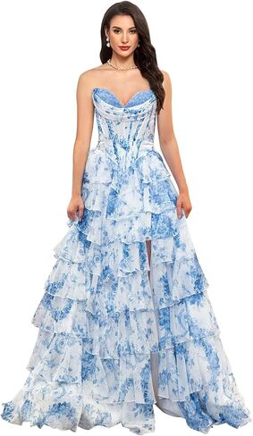 فستان حفلة موسيقية مكشكش بدون حمالات للنساء طويل الطبقات على شكل حرف A فساتين سهرة منتفخة مع فتحة in Kuwait