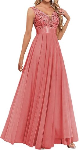 Women's Formal Dresses Long Evening Gowns Tulle V Neck Sleeveless Sparkly Sequin Cocktail Party Wedding Guest Dress in Saudi Arabia