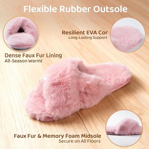 Women's Fuzzy Slippers Cross Band House Shoes Memory Foam Open Toe Slippers in Saudi Arabia