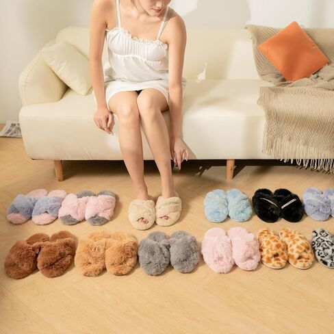 Women's Fuzzy Slippers Cross Band House Shoes Memory Foam Open Toe Slippers in Saudi Arabia