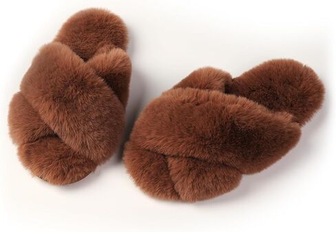 Women's Fuzzy Slippers Cross Band House Shoes Memory Foam Open Toe Slippers in Saudi Arabia