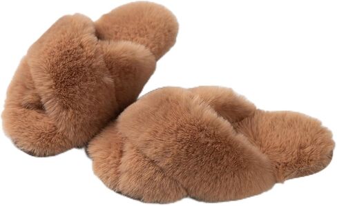Women's Fuzzy Slippers Cross Band House Shoes Memory Foam Open Toe Slippers in Saudi Arabia