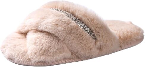 Women's Fuzzy Slippers Cross Band House Shoes Memory Foam Open Toe Slippers in Saudi Arabia