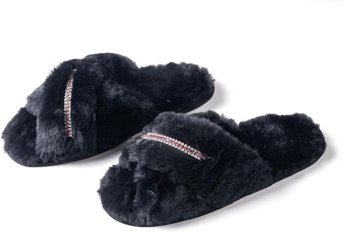 Women's Fuzzy Slippers Cross Band House Shoes Memory Foam Open Toe Slippers in Saudi Arabia