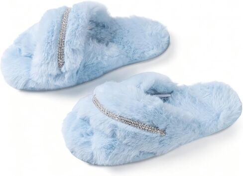 Women's Fuzzy Slippers Cross Band House Shoes Memory Foam Open Toe Slippers in Saudi Arabia