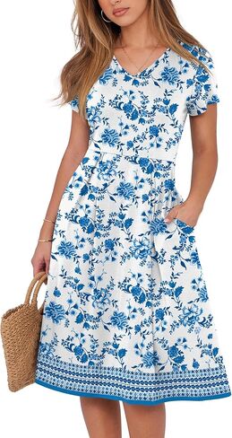 ANRABESS Women Summer Dress Casual Short Sleeve V Neck A-Line Knee Length Pleated Flowy 2025 Fashion Midi Dresses with Pocket in Kuwait