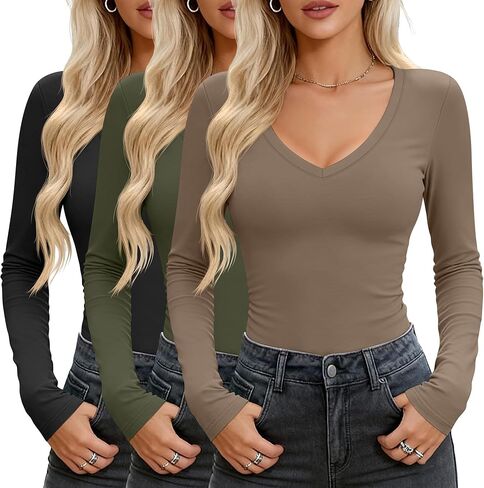 Huukeay 3 Pack Women's Long Sleeve V Neck Shirts Slim Fit Casual Ladies Tops Layering Basic Tee Undershirts in Kuwait