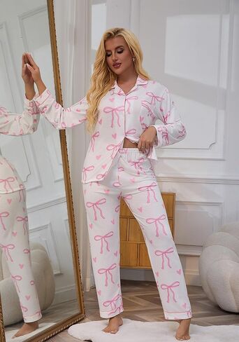 Pajamas for Women Set 2 Piece lounge sets Long Sleeve Button Down Loungewear Bow Print Sleepwear Soft Pj,Chest Pocket(S-XL) in Saudi Arabia