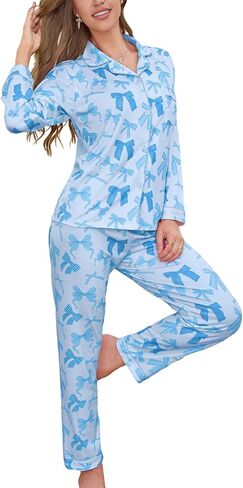 Pajamas for Women Set 2 Piece lounge sets Long Sleeve Button Down Loungewear Bow Print Sleepwear Soft Pj,Chest Pocket(S-XL) in Saudi Arabia