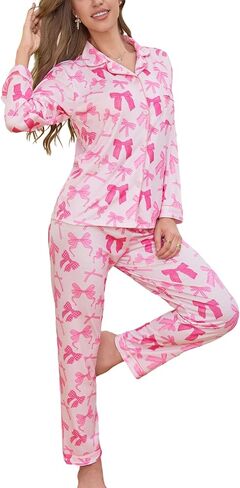 Pajamas for Women Set 2 Piece lounge sets Long Sleeve Button Down Loungewear Bow Print Sleepwear Soft Pj,Chest Pocket(S-XL) in Saudi Arabia