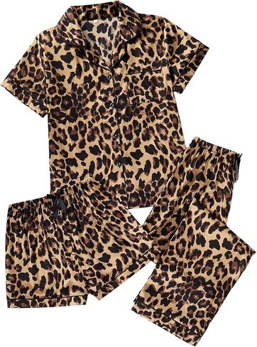 WDIRARA Women's 3 Piece Leopard Pajama Set Short Sleeve Button Down Shorts Pants Pjs Sleepwear in Saudi Arabia