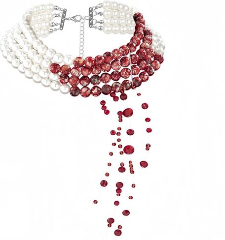 Halloween Blood Pearl Necklace Women Imitation Scary Bleeding Vampire Necklace Tassel Dripping Bloody Adjustable Choker Multilayered Gothic Vampire Party Cosplay Costume Accessories in Saudi Arabia
