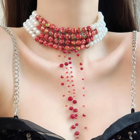 Halloween Blood Pearl Necklace Women Imitation Scary Bleeding Vampire Necklace Tassel Dripping Bloody Adjustable Choker Multilayered Gothic Vampire Party Cosplay Costume Accessories in Saudi Arabia