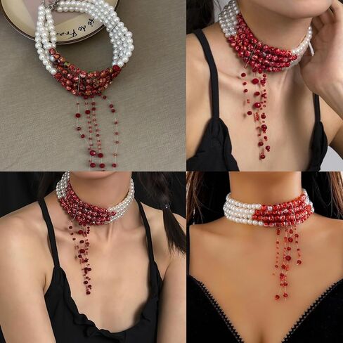 Halloween Blood Pearl Necklace Women Imitation Scary Bleeding Vampire Necklace Tassel Dripping Bloody Adjustable Choker Multilayered Gothic Vampire Party Cosplay Costume Accessories in Saudi Arabia