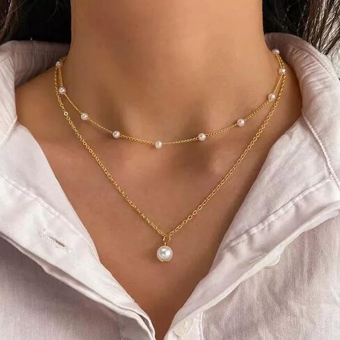 14k Gold Plated Necklace for Women - Dainty Tiny Pearl Pendant Choker Necklaces, Delicate Chain Trendy Jewelry Gift in Saudi Arabia