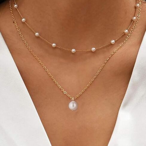 14k Gold Plated Necklace for Women - Dainty Tiny Pearl Pendant Choker Necklaces, Delicate Chain Trendy Jewelry Gift in Saudi Arabia