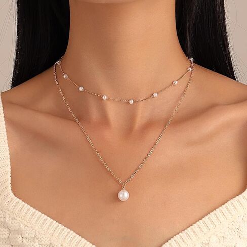 14k Gold Plated Necklace for Women - Dainty Tiny Pearl Pendant Choker Necklaces, Delicate Chain Trendy Jewelry Gift in Saudi Arabia