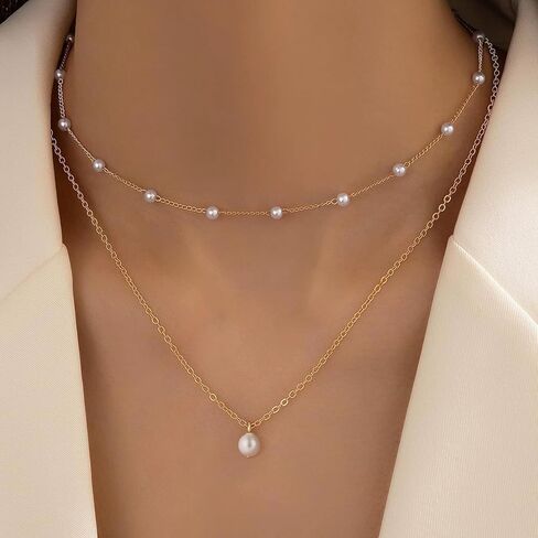 14k Gold Plated Necklace for Women - Dainty Tiny Pearl Pendant Choker Necklaces, Delicate Chain Trendy Jewelry Gift in Saudi Arabia
