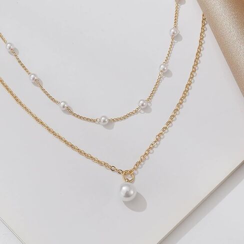 14k Gold Plated Necklace for Women - Dainty Tiny Pearl Pendant Choker Necklaces, Delicate Chain Trendy Jewelry Gift in Saudi Arabia