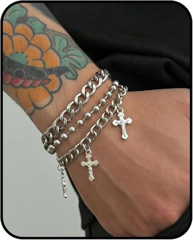 3PCS/5PCS Silver Gold Cross Bracelet Set for Men Women – Layered Punk Gothic Chain Bracelets, Grunge Y2K Streetwear Fashion Jewelry Gift in Saudi Arabia