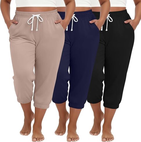 Ficerd 3 Pack Women's Plus Size Capri Sweatpants Cotton Drawstring Joggers Cropped Athletic Lounge Pants Comfy with Pockets in Kuwait