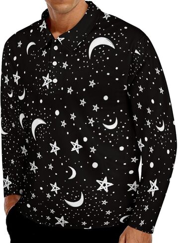 Black White Moon and Star Pattern Men's Polo Shirt Long Sleeve Golf Shirts Athletic Casual T-Shirt in Kuwait