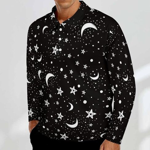 Black White Moon and Star Pattern Men's Polo Shirt Long Sleeve Golf Shirts Athletic Casual T-Shirt in Kuwait