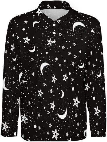 Black White Moon and Star Pattern Men's Polo Shirt Long Sleeve Golf Shirts Athletic Casual T-Shirt in Kuwait