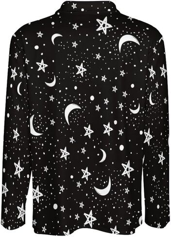 Black White Moon and Star Pattern Men's Polo Shirt Long Sleeve Golf Shirts Athletic Casual T-Shirt in Kuwait