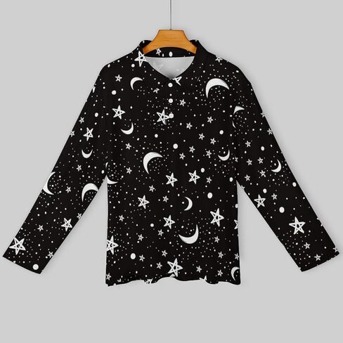 Black White Moon and Star Pattern Men's Polo Shirt Long Sleeve Golf Shirts Athletic Casual T-Shirt in Kuwait