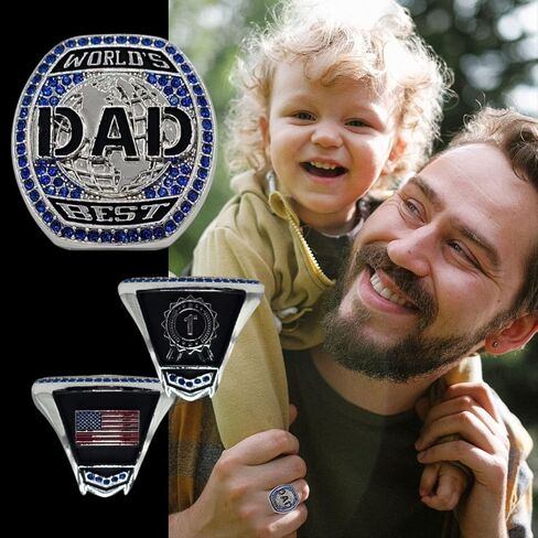 Champions Club World's Best Dad Ring, Silver Championship Style Ring with 90 Blue Crystals and American Flag Jewelry Gift for Men Dad Father Husband Award Birthday Present HYPOALLERGENIC in Saudi Arabia