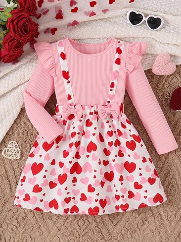 VARMILO Toddler Girls Dresses Long Sleeve A-Line Swing Heart Print Ruffle Sleeve Bowknot Party Valentine's Day Dress in Saudi Arabia